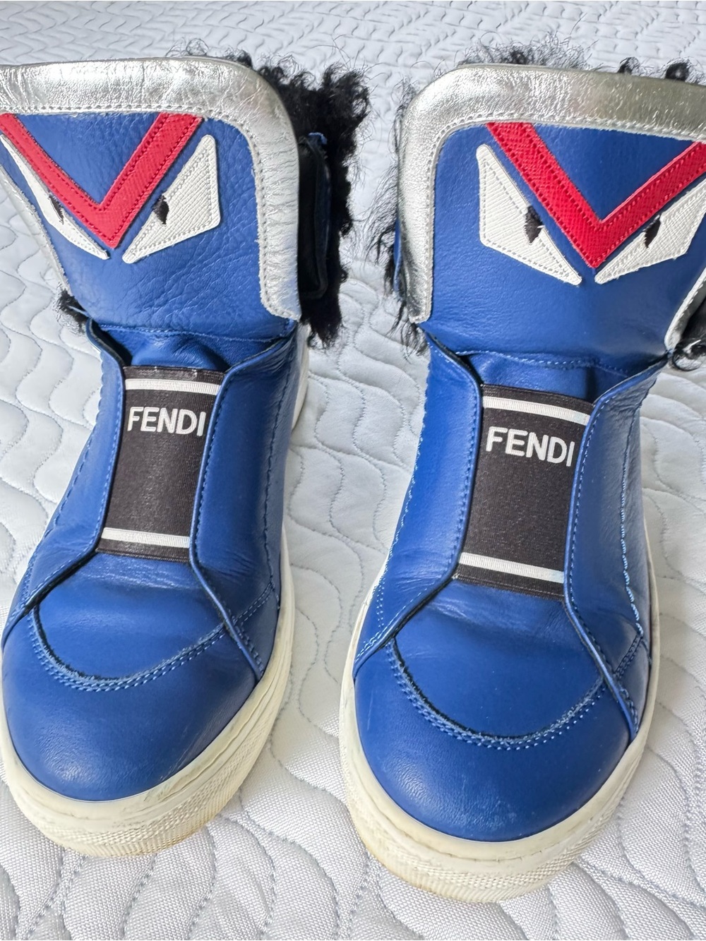 Fendi Kids Monster Eyes Fur High Top Sneakers Blue EU 35 w/ Box